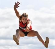 8 August 2021; Saoirse Fitzgerald of Lucan Harriers AC, Dublin, competing in the Girl's U15 Long Jump during day three of the Irish Life Health National Juvenile Track & Field Championships at Tullamore Harriers Stadium in Tullamore, Offaly. Photo by Sam Barnes/Sportsfile