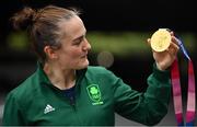 8 August 2021; Kellie Harrington of Ireland celebrates with her gold medal after victory over Beatriz Ferreira of Brazil in their women's lightweight final bout at the Kokugikan Arena during the 2020 Tokyo Summer Olympic Games in Tokyo, Japan. Photo by Brendan Moran/Sportsfile