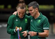 8 August 2021; Kellie Harrington of Ireland and Ireland boxing high performance director Bernard Dunne celebrate with her gold medal after victory over Beatriz Ferreira of Brazil in their women's lightweight final bout at the Kokugikan Arena during the 2020 Tokyo Summer Olympic Games in Tokyo, Japan. Photo by Brendan Moran/Sportsfile