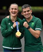 8 August 2021; Kellie Harrington of Ireland and Ireland boxing high performance director Bernard Dunne celebrate with her gold medal after victory over Beatriz Ferreira of Brazil in their women's lightweight final bout at the Kokugikan Arena during the 2020 Tokyo Summer Olympic Games in Tokyo, Japan. Photo by Brendan Moran/Sportsfile