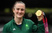 8 August 2021; Kellie Harrington of Ireland celebrates with her gold medal after victory over Beatriz Ferreira of Brazil in their women's lightweight final bout at the Kokugikan Arena during the 2020 Tokyo Summer Olympic Games in Tokyo, Japan. Photo by Brendan Moran/Sportsfile