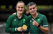 8 August 2021; Kellie Harrington of Ireland and Ireland boxing high performance director Bernard Dunne celebrate with her gold medal after victory over Beatriz Ferreira of Brazil in their women's lightweight final bout at the Kokugikan Arena during the 2020 Tokyo Summer Olympic Games in Tokyo, Japan. Photo by Brendan Moran/Sportsfile