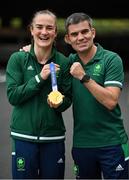 8 August 2021; Kellie Harrington of Ireland and Ireland boxing high performance director Bernard Dunne celebrate with her gold medal after victory over Beatriz Ferreira of Brazil in their women's lightweight final bout at the Kokugikan Arena during the 2020 Tokyo Summer Olympic Games in Tokyo, Japan. Photo by Brendan Moran/Sportsfile