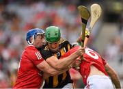 8 August 2021; Eoin Cody of Kilkenny in action against Seán O'Donoghue and Mark Coleman of Cork during the GAA Hurling All-Ireland Senior Championship semi-final match between Kilkenny and Cork at Croke Park in Dublin. Photo by Harry Murphy/Sportsfile