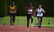 8 August 2021; Charles Okafor of Mullingar Harriers AC, Westmeath, centre, on his way to winning the Boy's U19 100m, ahead of James Ezeonu of Leevale AC, Cork, left, who finished second, and Luke Michael of Lambay Sports Academy, right, during day three of the Irish Life Health National Juvenile Track & Field Championships at Tullamore Harriers Stadium in Tullamore, Offaly. Photo by Sam Barnes/Sportsfile