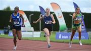 8 August 2021; Athletes, from left, Cressida Amaniampong of Skerries AC, Dublin, Kellie Bester of Carrick-on-Suir AC, Waterford, and Orlagh Leer of Monaghan Pheonix, competing in the Girls U19 100m during day three of the Irish Life Health National Juvenile Track & Field Championships at Tullamore Harriers Stadium in Tullamore, Offaly. Photo by Sam Barnes/Sportsfile