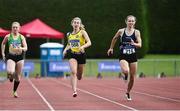8 August 2021; Erin Taheny of Corran AC, Sligo, right, on her way to winning the Girl's U19 100m, ahead of Aisling Kelly of Taghmon AC, Wexford, centre, who finished second, and Kate Donohoe of Annalee AC, Cavan, during day three of the Irish Life Health National Juvenile Track & Field Championships at Tullamore Harriers Stadium in Tullamore, Offaly. Photo by Sam Barnes/Sportsfile