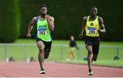 8 August 2021; Leon King Abur of Boyne AC, Louth, right, on his way to winning the Boys U18 100m, ahead of Nkemjika Onwumereh of Metro/St Brigid's AC, Dublin, who finished second, during day three of the Irish Life Health National Juvenile Track & Field Championships at Tullamore Harriers Stadium in Tullamore, Offaly. Photo by Sam Barnes/Sportsfile