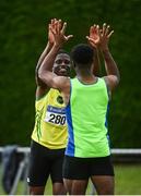 8 August 2021; Leon King Abur of Boyne AC, Louth, left, celebrates after winning the Boys U18 100m, with Nkemjika Onwumereh of Metro/St Brigid's AC, Dublin, who finished second, during day three of the Irish Life Health National Juvenile Track & Field Championships at Tullamore Harriers Stadium in Tullamore, Offaly. Photo by Sam Barnes/Sportsfile