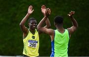 8 August 2021; Leon King Abur of Boyne AC, Louth, left, celebrates after winning the Boys U18 100m, with Nkemjika Onwumereh of Metro/St Brigid's AC, Dublin, who finished second, during day three of the Irish Life Health National Juvenile Track & Field Championships at Tullamore Harriers Stadium in Tullamore, Offaly. Photo by Sam Barnes/Sportsfile