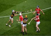 8 August 2021; TJ Reid, left, and James Bergin of Kilkenny in action against Cork players, from left, Tim O'Mahony, Damien Cahalane, and Seán O'Donoghue during the GAA Hurling All-Ireland Senior Championship semi-final match between Kilkenny and Cork at Croke Park in Dublin. Photo by Daire Brennan/Sportsfile