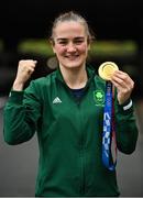 8 August 2021; Kellie Harrington of Ireland celebrates with her gold medal after victory over Beatriz Ferreira of Brazil in their women's lightweight final bout at the Kokugikan Arena during the 2020 Tokyo Summer Olympic Games in Tokyo, Japan. Photo by Brendan Moran/Sportsfile