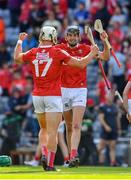 8 August 2021; Cork full back Robert Downey and team-mate Seán O'Leary Hayes, 17, celebrate after the GAA Hurling All-Ireland Senior Championship semi-final match between Kilkenny and Cork at Croke Park in Dublin. Photo by Ray McManus/Sportsfile