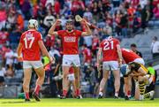 8 August 2021; Cork full back Robert Downey and team-mate Seán O'Leary Hayes, 17, celebrate alongside a dejected TJ Reid of Kilkenny, right, after the GAA Hurling All-Ireland Senior Championship semi-final match between Kilkenny and Cork at Croke Park in Dublin. Photo by Ray McManus/Sportsfile