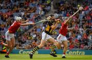8 August 2021; Walter Walsh of Kilkenny has his shot on goal blocked by Mark Coleman of Cork and Tim O'Mahony, left, during the GAA Hurling All-Ireland Senior Championship semi-final match between Kilkenny and Cork at Croke Park in Dublin. Photo by Ray McManus/Sportsfile
