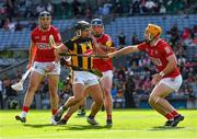 8 August 2021; Richie Hogan of Kilkenny is tackled by Niall O'Leary, right, Seán O'Donoghue and Declan Dalton of Cork, left, during the GAA Hurling All-Ireland Senior Championship semi-final match between Kilkenny and Cork at Croke Park in Dublin. Photo by Ray McManus/Sportsfile