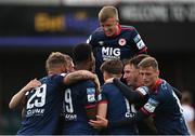 8 August 2021; Nahum Melvin-Lambert of St Patrick's Athletic, second from left, celebrates with team-mates after scoring their side's first goal during the SSE Airtricity League Premier Division match between Dundalk and St Patrick's Athletic at Oriel Park in Dundalk, Louth. Photo by Seb Daly/Sportsfile