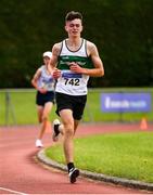 8 August 2021; Eoin Quirke of Carraig-Na-Bhfear AC, Cork, competing in the Boy's U17 3000m during day three of the Irish Life Health National Juvenile Track & Field Championships at Tullamore Harriers Stadium in Tullamore, Offaly. Photo by Sam Barnes/Sportsfile