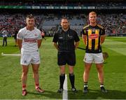 8 August 2021; Match referee Fergal Horgan with the two captains Patrick Horgan of Cork and Adrian Mullen of Kilkenny before the GAA Hurling All-Ireland Senior Championship semi-final match between Kilkenny and Cork at Croke Park in Dublin. Photo by Ray McManus/Sportsfile