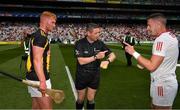 8 August 2021; Match referee Fergal Horgan with the two captains Patrick Horgan of Cork and Adrian Mullen of Kilkenny before the GAA Hurling All-Ireland Senior Championship semi-final match between Kilkenny and Cork at Croke Park in Dublin. Photo by Ray McManus/Sportsfile