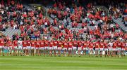 8 August 2021; The Cork panel stand together for the playing of the National Anthem before the GAA Hurling All-Ireland Senior Championship semi-final match between Kilkenny and Cork at Croke Park in Dublin. Photo by Ray McManus/Sportsfile