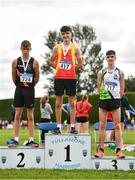 8 August 2021; Boys U16 3000m medallists, from left, Sean Cronin of Clonliffe Harriers AC, Dublin, silver, Cormac Dixon of Tallaght AC, Dublin, gold, and Darragh Mulronney of Moy Valley AC, bronze, during day three of the Irish Life Health National Juvenile Track & Field Championships at Tullamore Harriers Stadium in Tullamore, Offaly. Photo by Sam Barnes/Sportsfile