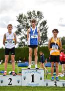 8 August 2021; Boys U18 3000m medallists, from left, Jack Fenlon of St Abbans AC, Laois, silver, Harry Colbert of Waterford AC, gold, and Jonas Stafford of Ashford AC, Wicklow, bronze, during day three of the Irish Life Health National Juvenile Track & Field Championships at Tullamore Harriers Stadium in Tullamore, Offaly. Photo by Sam Barnes/Sportsfile