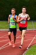 8 August 2021; Scott Fagan of Metro/St Brigid's AC, Dublin, left, and Dylan Casey of Ennis Track AC , Clare, competing in the Boy's U19 3000m during day three of the Irish Life Health National Juvenile Track & Field Championships at Tullamore Harriers Stadium in Tullamore, Offaly. Photo by Sam Barnes/Sportsfile