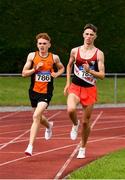 8 August 2021; James Tanner of Nenagh Olympic AC, Tipperary, left, and Shane Moran of Swinford AC, Mayo, competing in the Boy's U19 3000m during day three of the Irish Life Health National Juvenile Track & Field Championships at Tullamore Harriers Stadium in Tullamore, Offaly. Photo by Sam Barnes/Sportsfile
