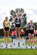 8 August 2021; Girl's U19 100m medallists, from left, Aisling Kelly of Taghmon AC, Wexford, silver, Erin Taheny of Corran AC, Sligo, gold, and Kellie Bester of Carrick-on-Suir AC, Waterford, bronze, during day three of the Irish Life Health National Juvenile Track & Field Championships at Tullamore Harriers Stadium in Tullamore, Offaly. Photo by Sam Barnes/Sportsfile