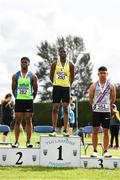 8 August 2021; Boys U18 100m medallists, from left, Nkemjika Onwumereh of Metro/St Brigid's AC, Dublin, Leon King Abur of Boyne AC, Louth, gold, and Shane Gevero of Dundrum South Dublin AC, bronze, during day three of the Irish Life Health National Juvenile Track & Field Championships at Tullamore Harriers Stadium in Tullamore, Offaly. Photo by Sam Barnes/Sportsfile