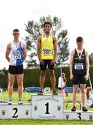 8 August 2021; Boys U17 100m medallists, from left, Evan Farrelly of Tullamore Harriers AC, Offaly, silver, Sean Stratton of Boyne AC, Louth, gold, and Killian Curran of Blackrock AC, Dublin, bronze, during day three of the Irish Life Health National Juvenile Track & Field Championships at Tullamore Harriers Stadium in Tullamore, Offaly. Photo by Sam Barnes/Sportsfile
