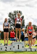 8 August 2021;  Girl's U15 Long Jump medallists, from left, Riona Doherty of Finn Valley AC, Donegal, silver, Aoife Grimes of Limerick AC, gold, and Meabh O'Connor of Dundalk St Gerards AC, Louth, bronze, during day three of the Irish Life Health National Juvenile Track & Field Championships at Tullamore Harriers Stadium in Tullamore, Offaly. Photo by Sam Barnes/Sportsfile