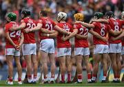 8 August 2021; Cork players stand for Amhrán na bhFiann before the GAA Hurling All-Ireland Senior Championship semi-final match between Kilkenny and Cork at Croke Park in Dublin. Photo by Piaras Ó Mídheach/Sportsfile