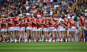 8 August 2021; Cork players stand for Amhrán na bhFiann before the GAA Hurling All-Ireland Senior Championship semi-final match between Kilkenny and Cork at Croke Park in Dublin. Photo by Piaras Ó Mídheach/Sportsfile