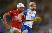 9 August 2021; Patrick Fitzgerald of Waterford in action against James Dwyer of Cork during the Electric Ireland Munster Minor Hurling Championship Final match between Cork and Waterford at Semple Stadium in Thurles, Tipperary. Photo by Piaras Ó Mídheach/Sportsfile