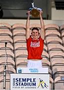 9 August 2021; Cork captain Ben O'Connor lifts the TWA cup after the Electric Ireland Munster Minor Hurling Championship Final match between Cork and Waterford at Semple Stadium in Thurles, Tipperary. Photo by Piaras Ó Mídheach/Sportsfile