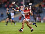 9 August 2021; Mikey Finn of Cork in action against Peter Cummins of Waterford during the Electric Ireland Munster Minor Hurling Championship Final match between Cork and Waterford at Semple Stadium in Thurles, Tipperary. Photo by Piaras Ó Mídheach/Sportsfile