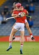 9 August 2021; Cork players Mikey Finn, behind, Ben O'Connor celebrate after their side's victory in the Electric Ireland Munster Minor Hurling Championship Final match between Cork and Waterford at Semple Stadium in Thurles, Tipperary. Photo by Piaras Ó Mídheach/Sportsfile