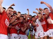 9 August 2021; Cork players celebrate with the cup after the Electric Ireland Munster Minor Hurling Championship Final match between Cork and Waterford at Semple Stadium in Thurles, Tipperary. Photo by Piaras Ó Mídheach/Sportsfile