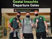 10 August 2021; Shamrock Rovers players, from left, Danny Mandroiu, Dylan Watts and Rory Gaffney at Dublin Airport prior to their side's departure to Albania for their UEFA Europa Conference League third qualifying round second leg match against Teuta. Photo by Seb Daly/Sportsfile
