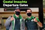 10 August 2021; Shamrock Rovers players Aaron Greene, left, and Richie Towell at Dublin Airport prior to their side's departure to Albania for their UEFA Europa Conference League third qualifying round second leg match against Teuta. Photo by Seb Daly/Sportsfile