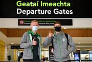 10 August 2021; Shamrock Rovers players Liam Scales, left, and Lee Grace at Dublin Airport prior to their side's departure to Albania for their UEFA Europa Conference League third qualifying round second leg match against Teuta. Photo by Seb Daly/Sportsfile
