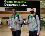 10 August 2021; Shamrock Rovers players Aidomo Emakhu, left, and Max Murphy at Dublin Airport prior to their side's departure to Albania for their UEFA Europa Conference League third qualifying round second leg match against Teuta. Photo by Seb Daly/Sportsfile