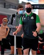 10 August 2021; Sean Hoare of Shamrock Rovers, right, and team-mate Sean Gannon, behind, at Dublin Airport prior to their side's departure to Albania for their UEFA Europa Conference League third qualifying round second leg match against Teuta. Photo by Seb Daly/Sportsfile