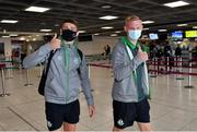 10 August 2021; Shamrock Rovers players Lee Grace, left, and Liam Scales at Dublin Airport prior to their side's departure to Albania for their UEFA Europa Conference League third qualifying round second leg match against Teuta. Photo by Seb Daly/Sportsfile
