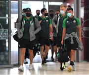 10 August 2021; Shamrock Rovers players, from left, Aaron Greene, Richie Towell, Liam Scales and Danny Mandroiu at Dublin Airport prior to their side's departure to Albania for their UEFA Europa Conference League third qualifying round second leg match against Teuta. Photo by Seb Daly/Sportsfile