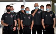 10 August 2021; Bohemians players, from left, Ali Coote, Anto Breslin, Rob Cornwall, Liam Burt, Georgie Kelly, James Finnerty and Stephen Mallon at Dublin Airport prior to their side's departure to Greece for their UEFA Europa Conference League third qualifying round second leg match against PAOK. Photo by Seb Daly/Sportsfile