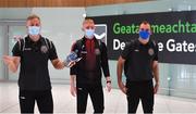 10 August 2021; Bohemians goalkeepers James Talbot, left, and Enda Minogue, with goalkeeping coach Chris Bennion at Dublin Airport prior to their side's departure to Greece for their UEFA Europa Conference League third qualifying round second leg match against PAOK. Photo by Seb Daly/Sportsfile
