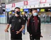 10 August 2021; Andy Lyons, left, and James Mullins of Bohemians at Dublin Airport prior to their side's departure to Greece for their UEFA Europa Conference League third qualifying round second leg match against PAOK. Photo by Seb Daly/Sportsfile